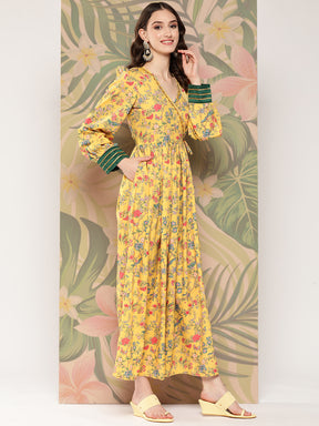 Yellow Floral Printed Tie-Ups Empire Ethnic Dress