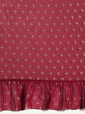 Maroon & Gold Toned Printed Ready To Wear Ruffles Saree (Without Blouse)