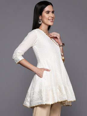 Off white & Gold-Toned Printed Chanderi Ethnic Tunic