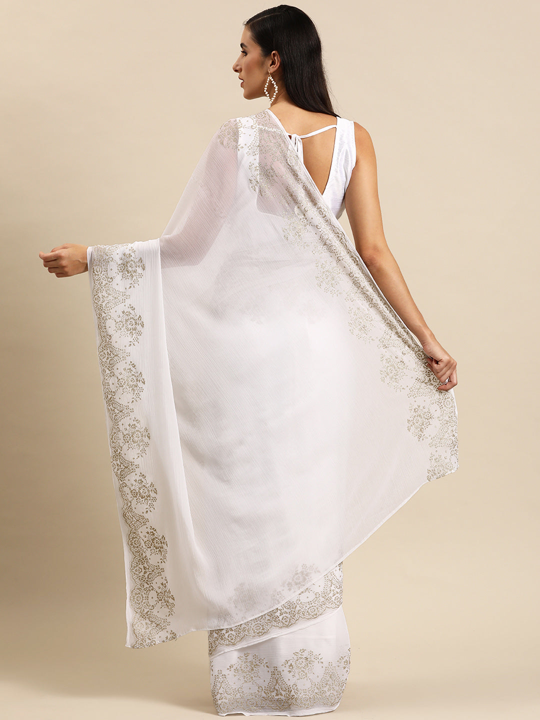 White Zari Printed Ready to Wear Saree