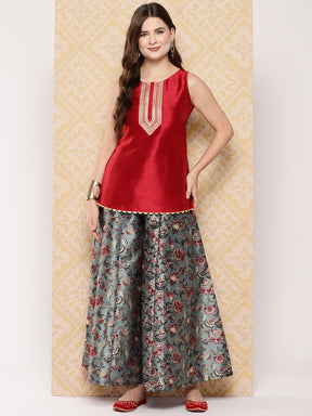 Red & Green Printed Ethnic Embellished Top with Palazzos