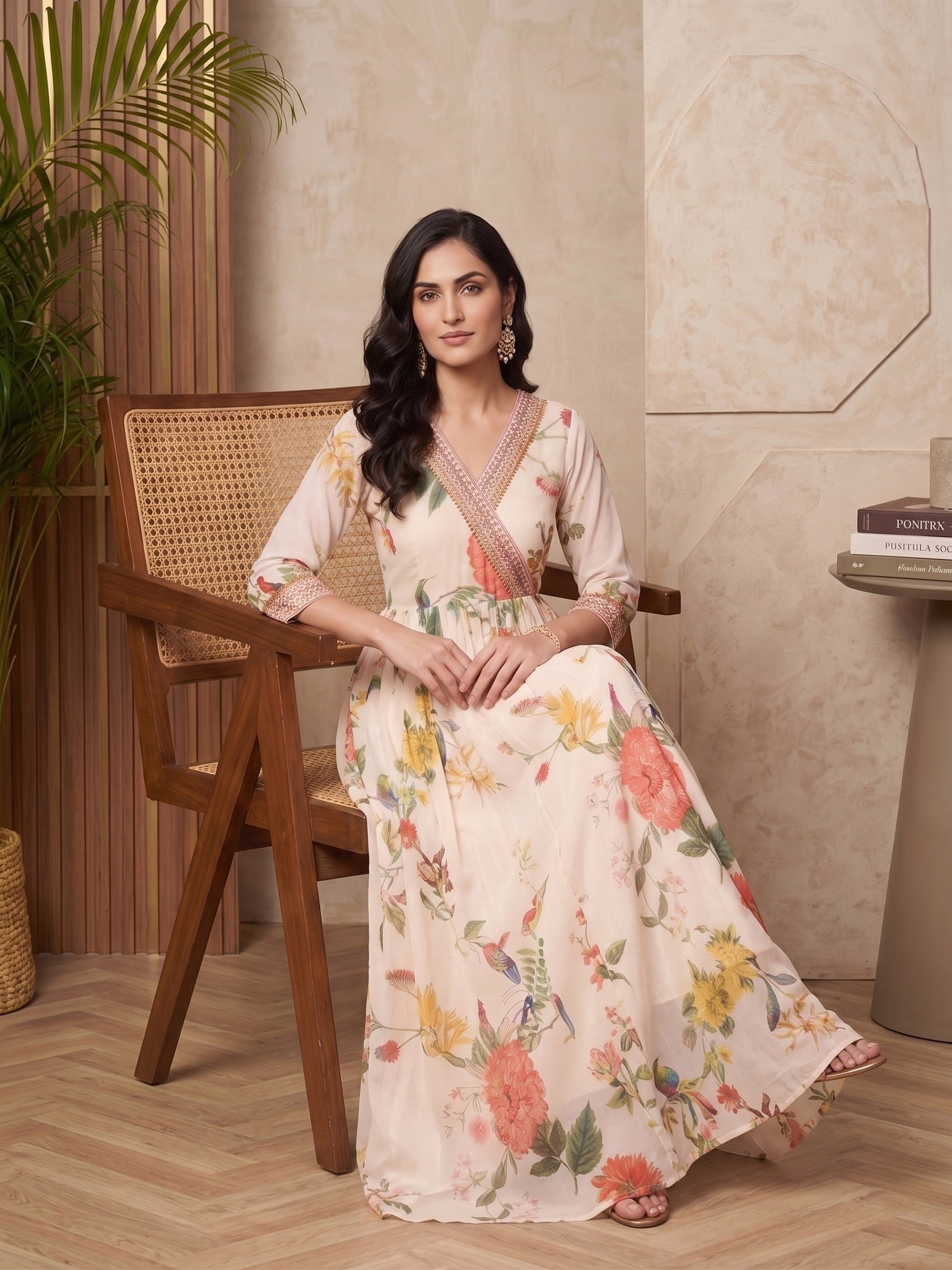 Printed V-Neck Fit And Flare Maxi Dress