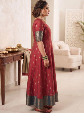 A PLUS BY AHALYAA Printed Round Neck A-Line Maxi Dress - Maroon