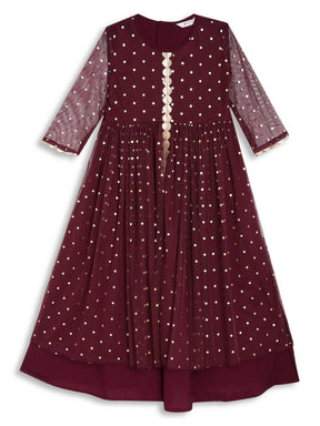 Girls Geometric Printed Gathered & Gotta Patti Detail Fit & Flare Maxi Dress