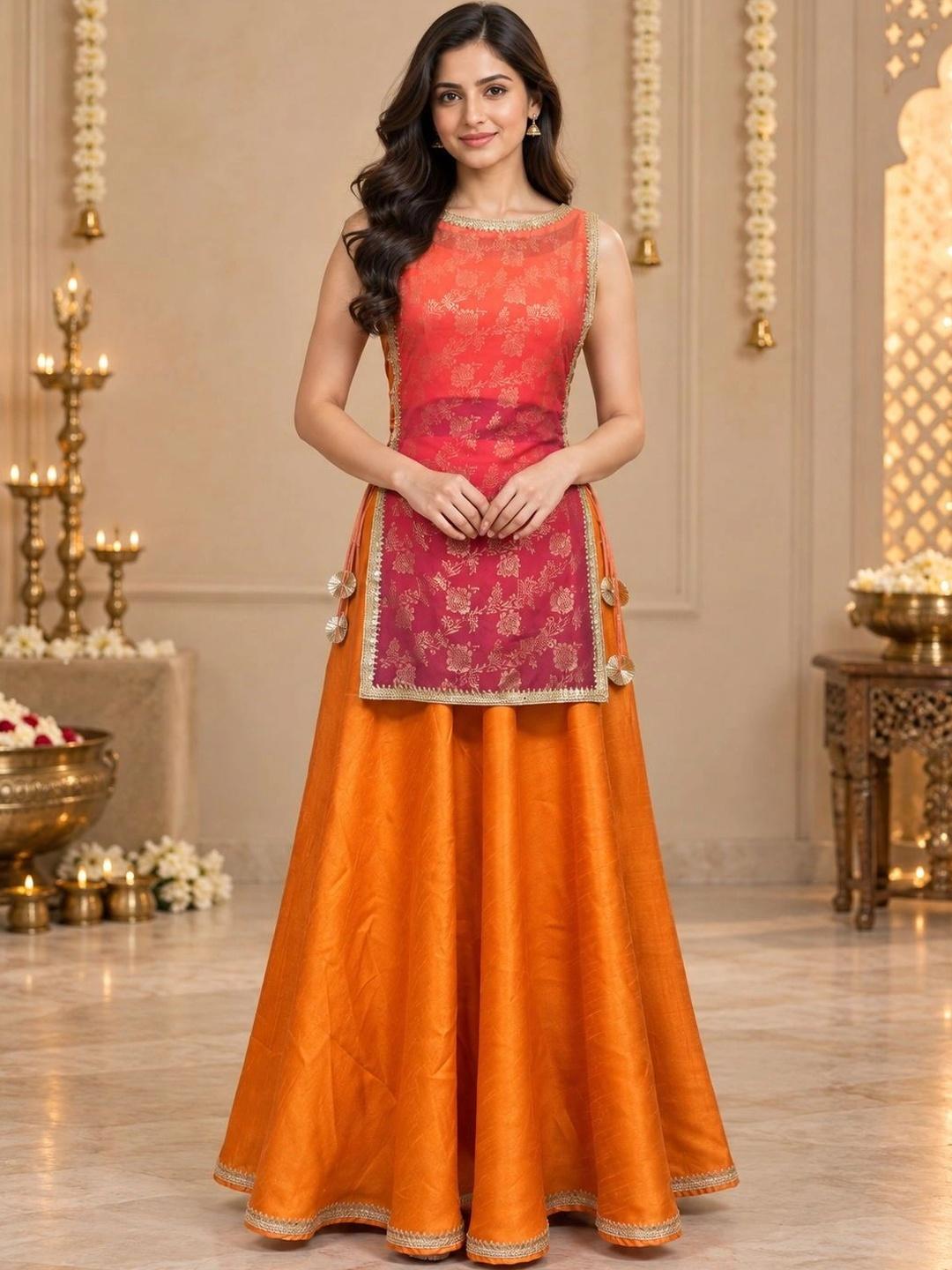 Ahalyaa Floral Woven Design Top with Skirt & Shrug - Orange
