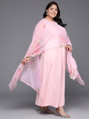 Plus Size Floral Printed Cape Sleeves Layered Ethnic Gown