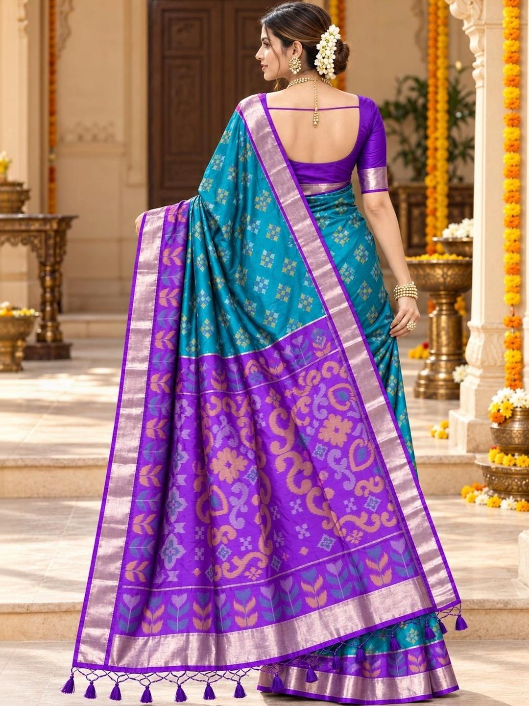 Ahalyaa Woven Design Zari Silk Blend Designer Pochampally Saree - Teal
