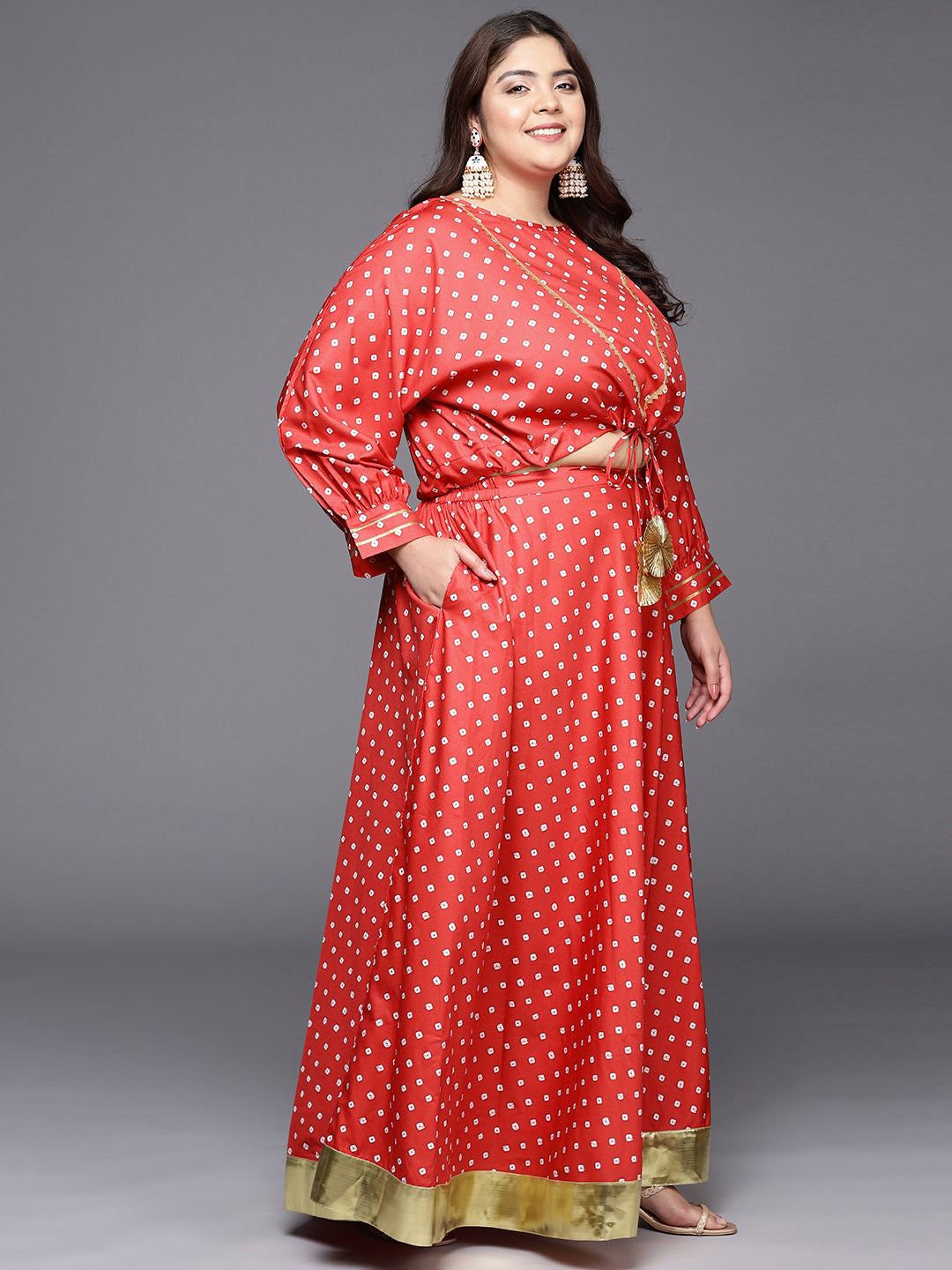 Red Printed Plus Size Top with Skirt