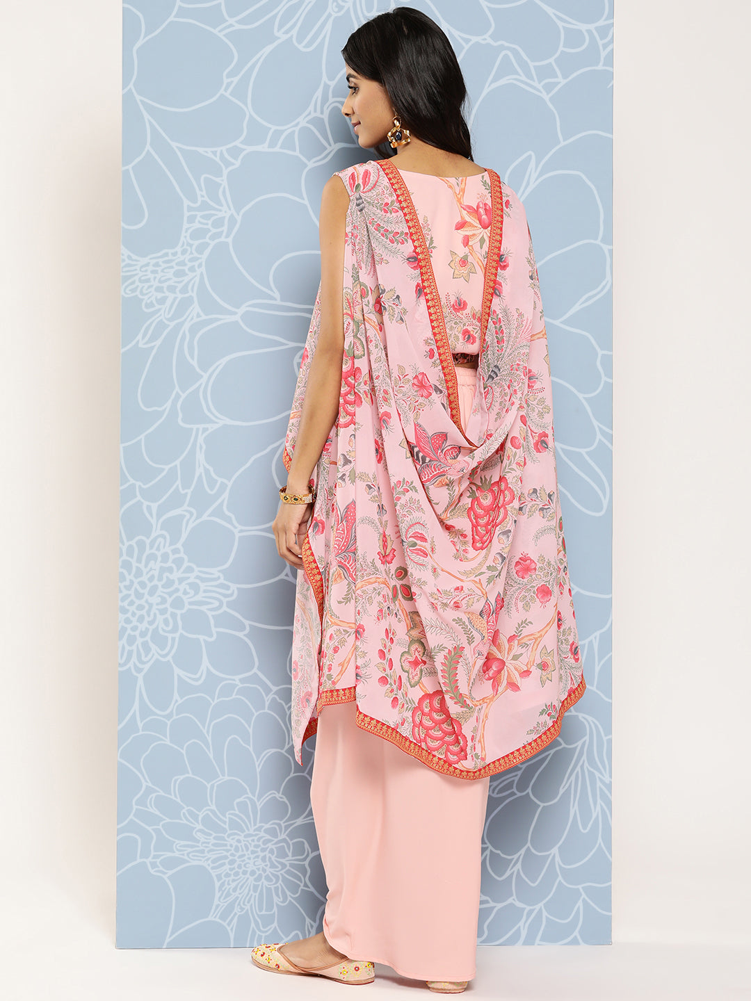 Pink Floral Printed Ethnic Co-Ords With Jacket