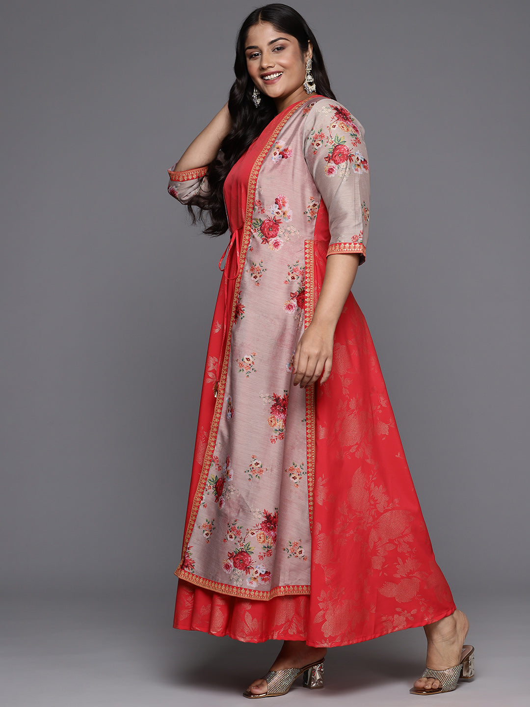 Red and Tan Floral Printed Plus Size A-Line Maxi Dress