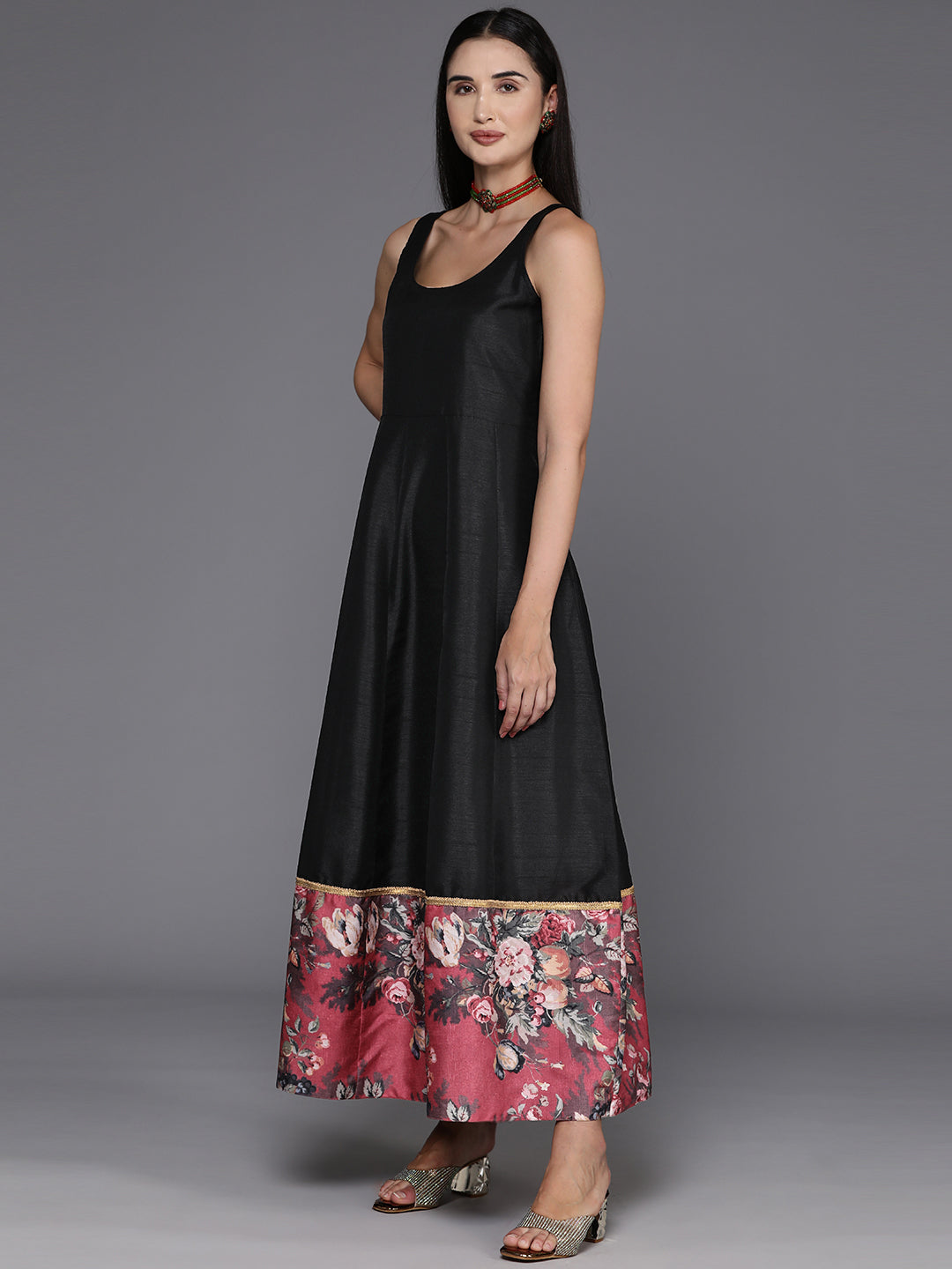 Black Floral Print A-Line Maxi Dress