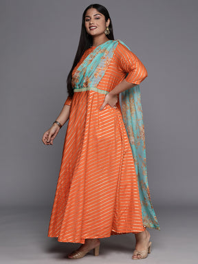 Orange Gold & Green Plus Size Maxi Ethnic Dress