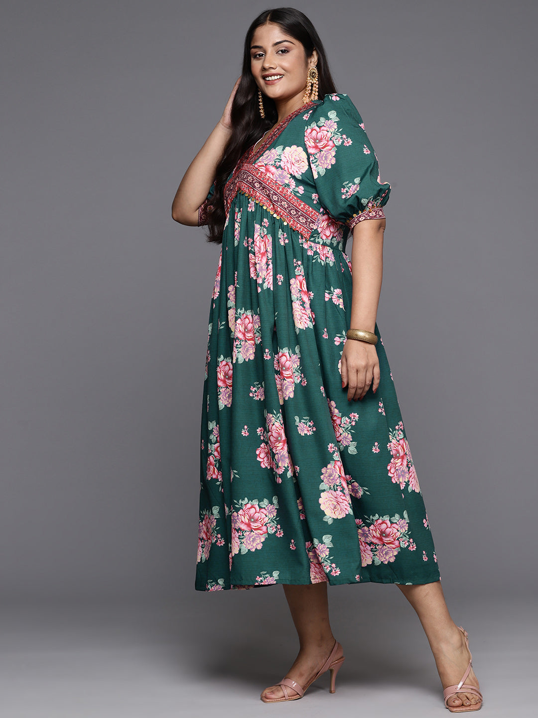 A PLUS BY AHALYAA Floral Printed A-Line Midi Dress