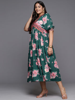 Green & Pink Plus Size Floral Printed A-Line Midi Dress