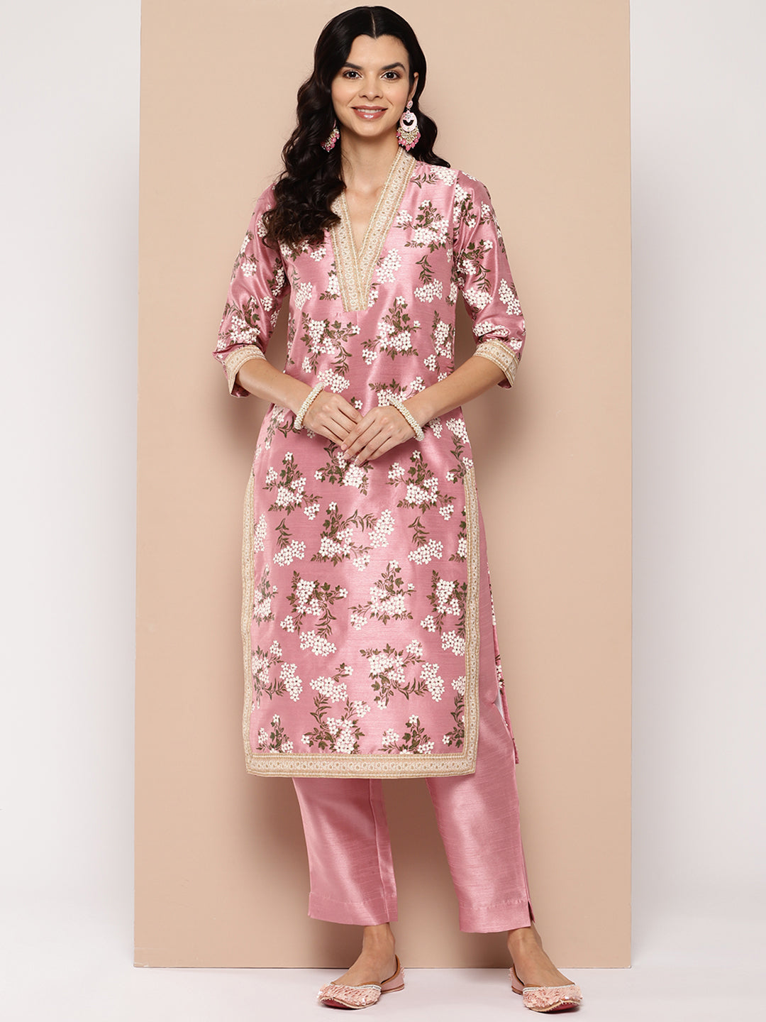 Pink Floral Printed Kurta with Trousers