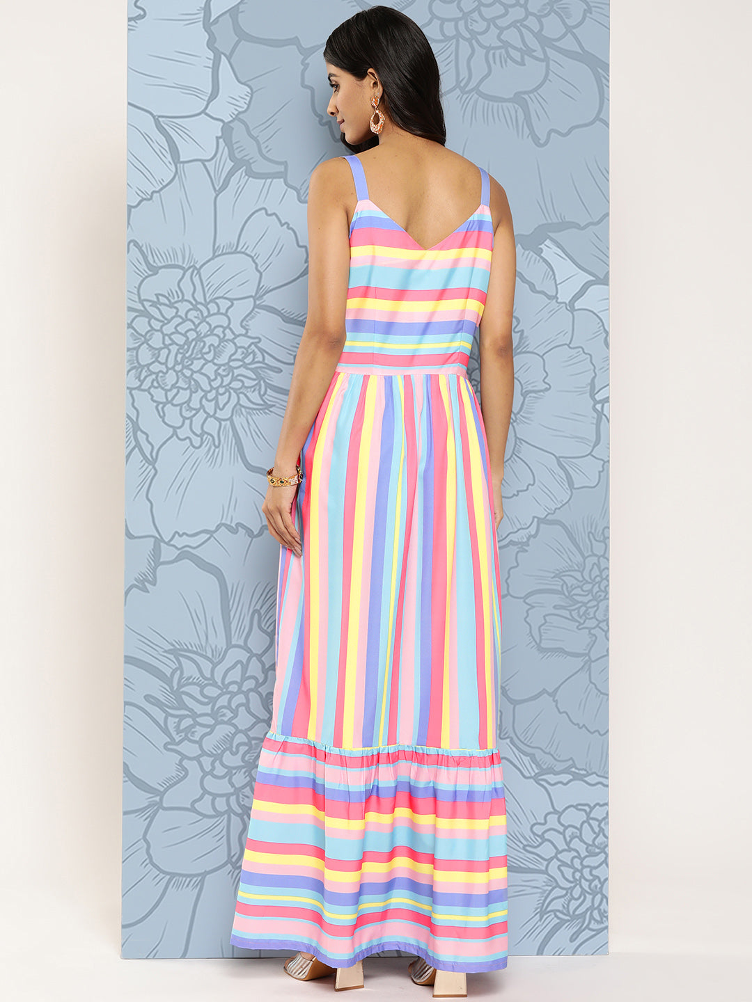 Pink & Blue Striped Maxi Ethnic Dress