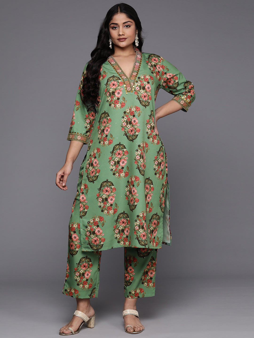 Plus Size Floral Printed Sequinned Kurta with Palazzos