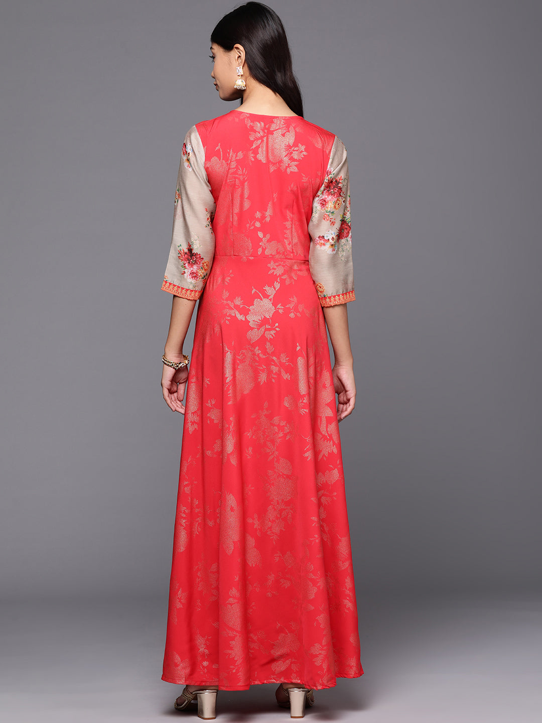 Red & Tan Floral Print Layered A-Line Maxi Dress