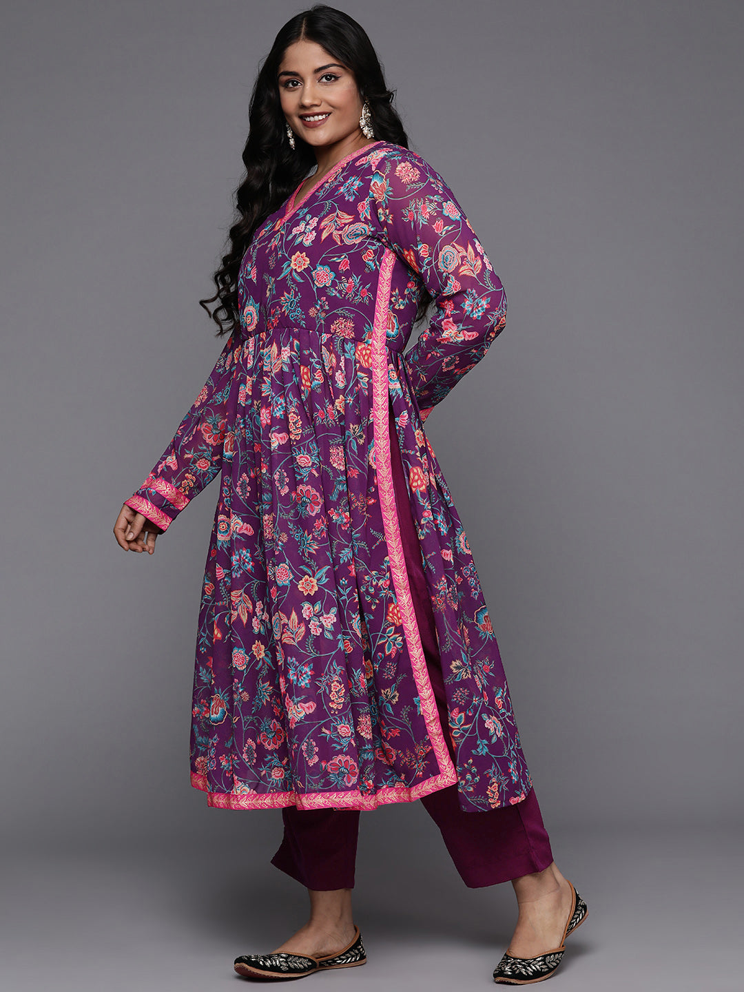 Plus Size Floral Printed High Slit Kurta with Trousers