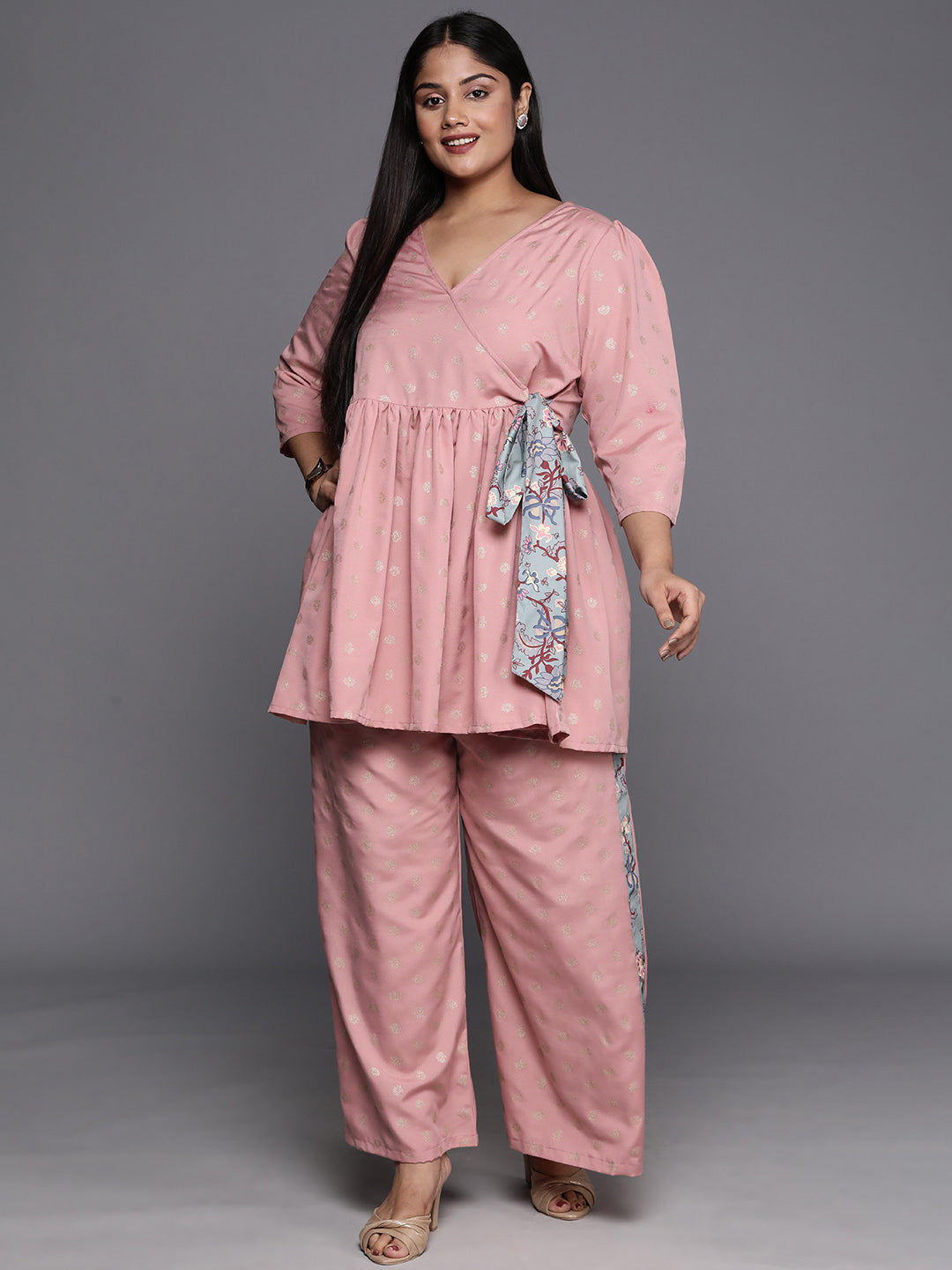 Pink Plus Size Floral Printed Wrap Tunic with Palazzos