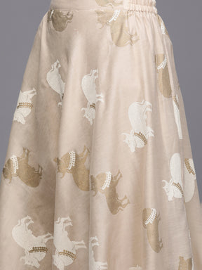 Beige & Gold Tone Printed Crop Top with Skirt and Shrug