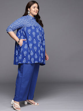 Blue Printed Plus Size Pure Cotton Tunic with Palazzos