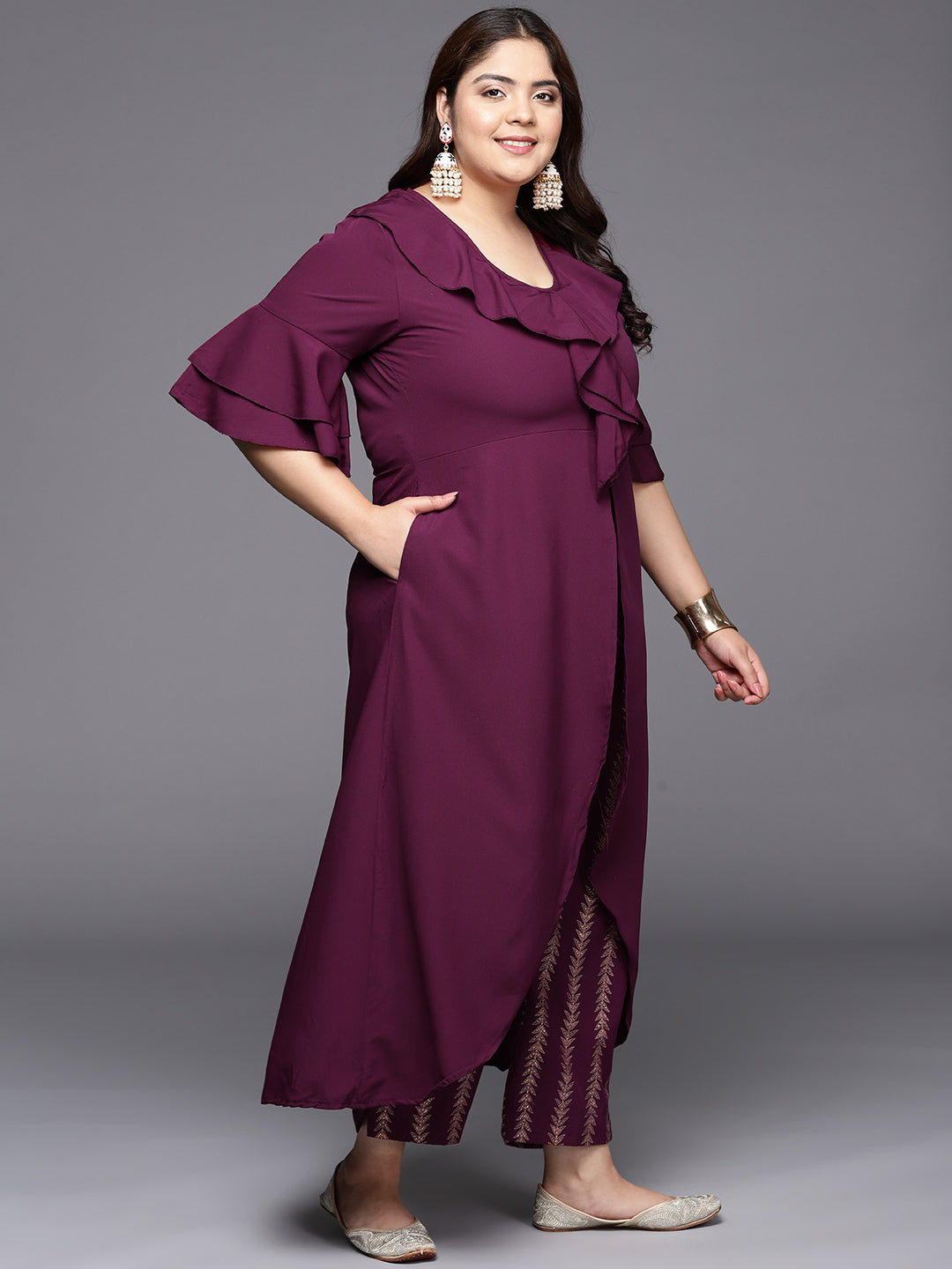 Burgundy Plus Size Tunic with Printed Trousers