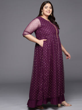 A PLUS BY AHALYAA Plus Size Round neck Net Maxi Ethnic Dress