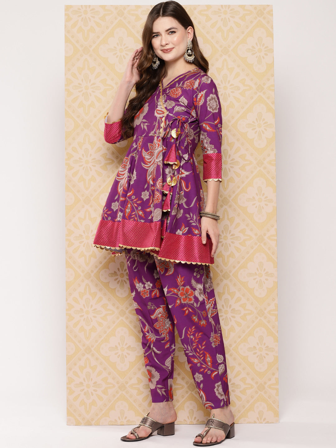 Purple Printed Ethnic Tunic with Trousers