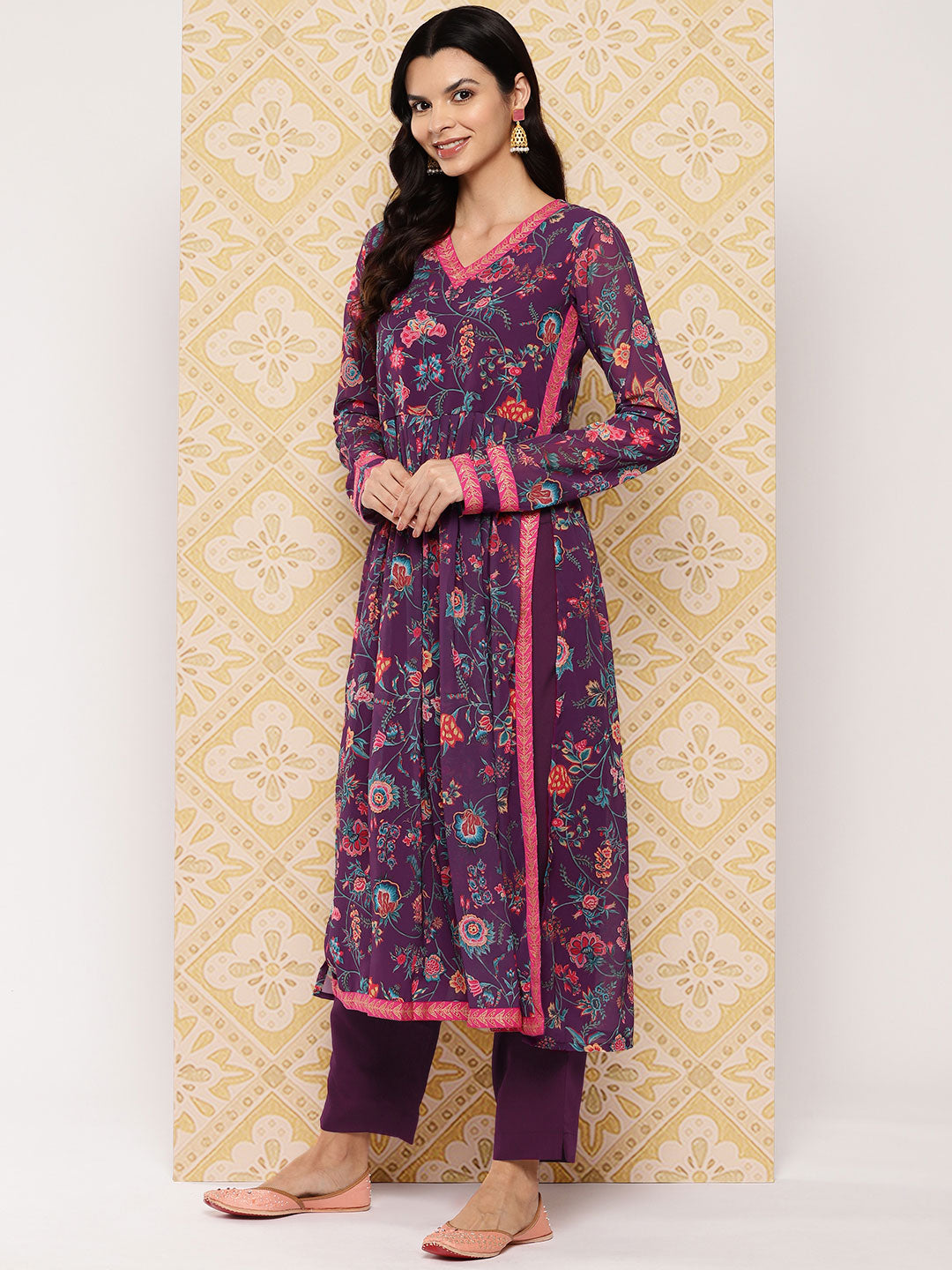 Purple Floral Printed Layered Kurta with Trousers