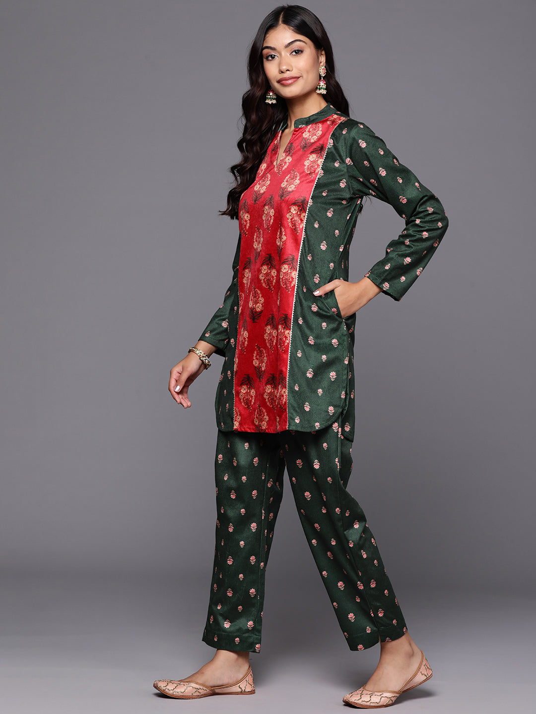 Green & Coral Printed Velvet Tunic with Trousers with Gotta Patti Detail