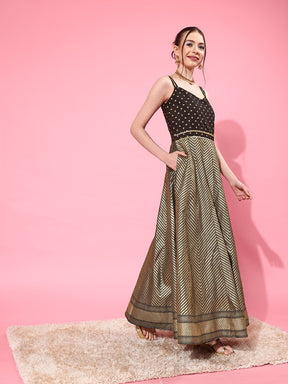 Black & Gold Chevron Printed Maxi Ethnic Dress