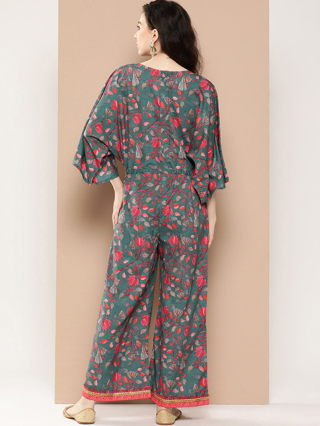 Green & Pink Printed Jumpsuit with Lace Inserts