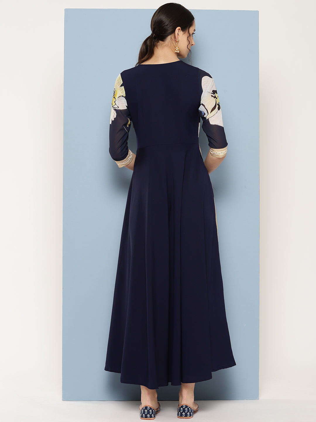 Navy Blue Floral Printed Layered Maxi Ethnic Dress