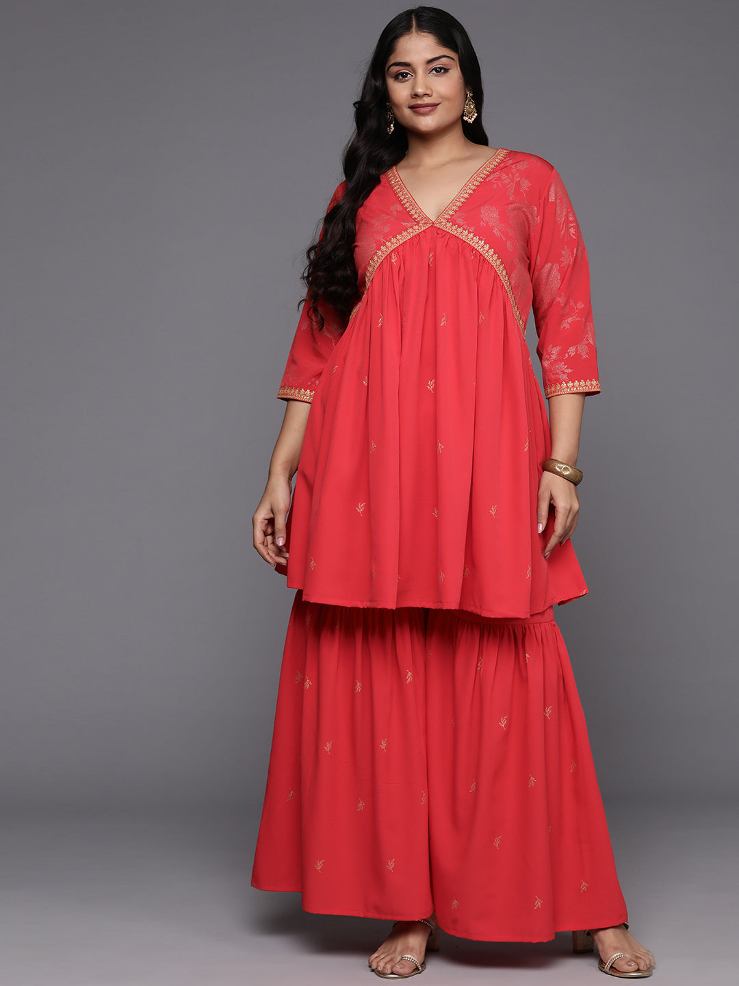 Red & Gold Plus Size Printed Ethnic Co-Ords