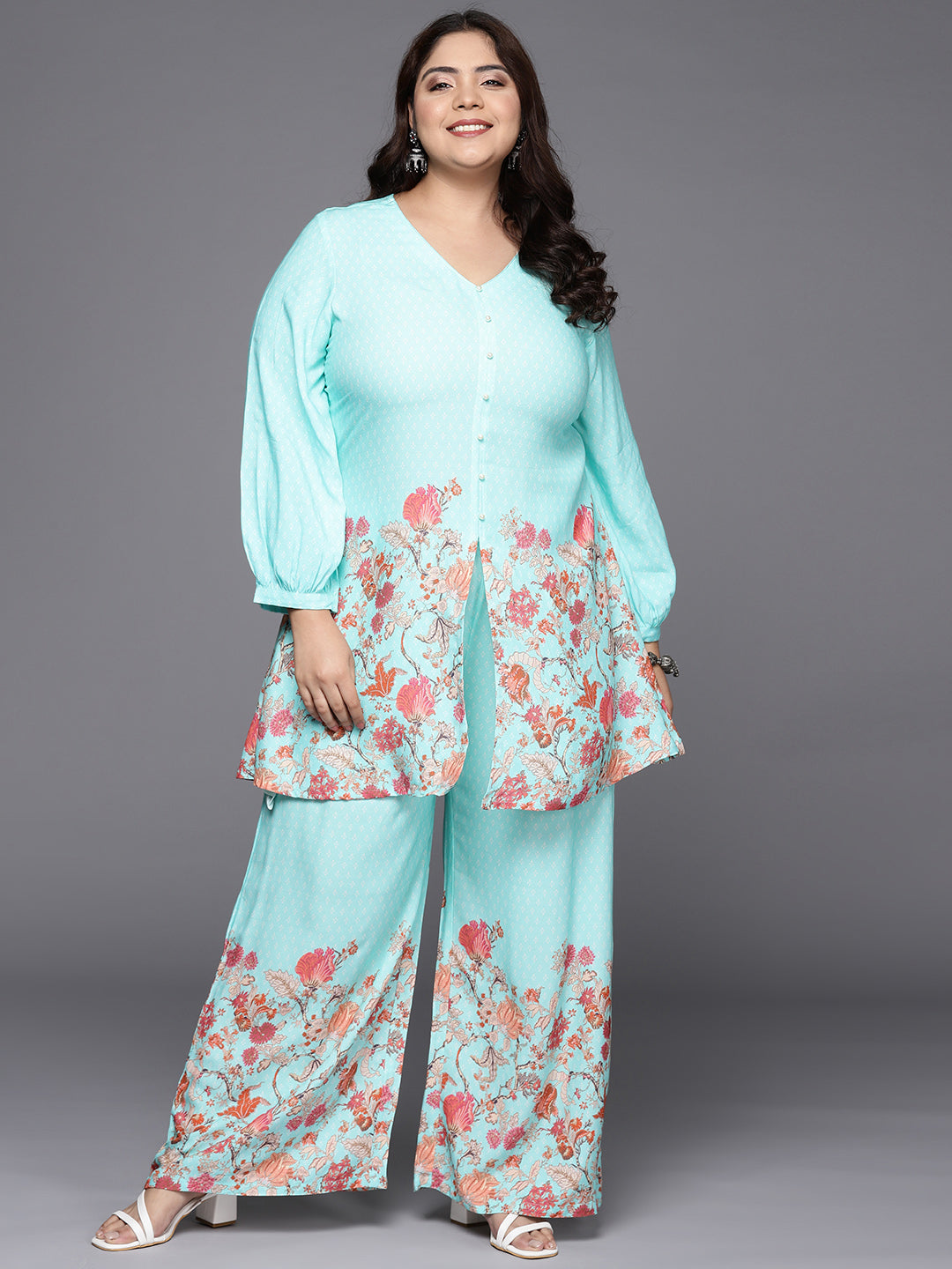 Turquoise Blue & Red Floral Printed Plus Size Tunic with Palazzos