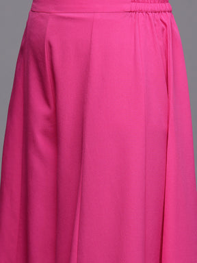Pink Solid Crop Top with Palazzos and Printed Shrug