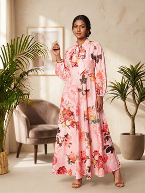Printed Tie-Up Neck Fit and Flare Maxi Dress