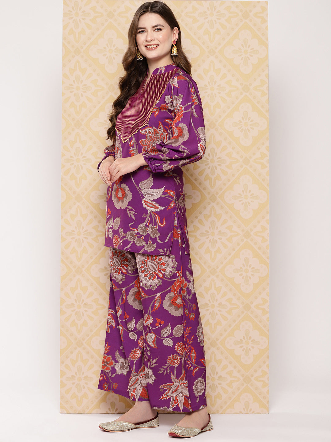 Purple Floral Printed Ethnic Tunic with Palazzos