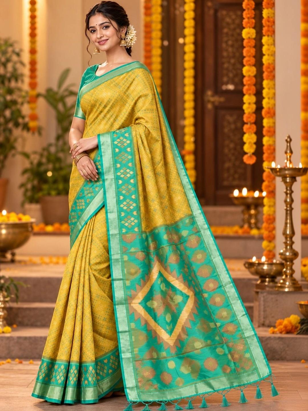 Ahalyaa Woven Design Zari Silk Blend Pochampally Saree - Yellow