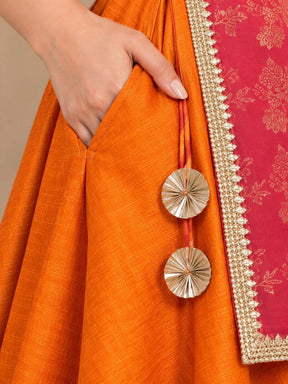 Ahalyaa Floral Woven Design Top with Skirt & Shrug - Orange