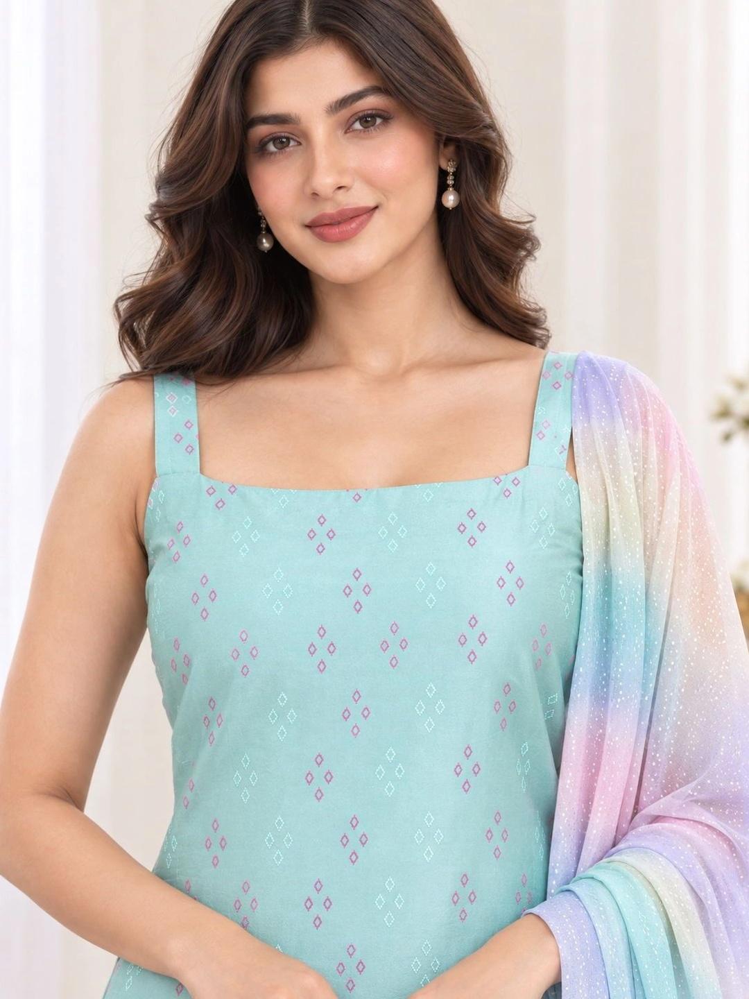 Ahalyaa Printed Kurta with Sharara & Dupatta - Sea Green