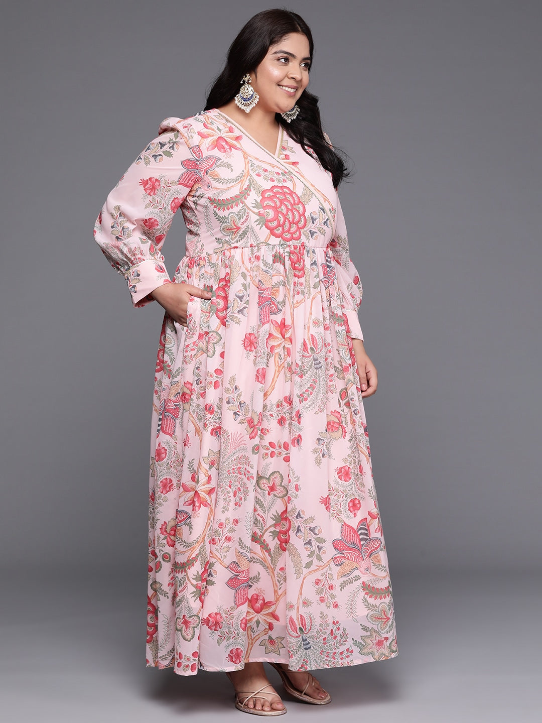 Plus Size Floral Printed Wrap Maxi Ethnic Dress