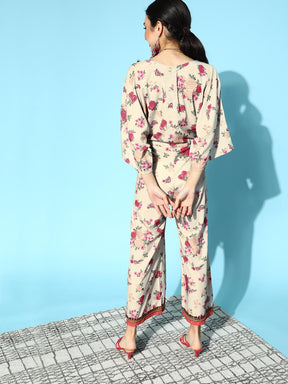 Ahalyaa Women Classy Beige Printed Cinched Waist Jumpsuit