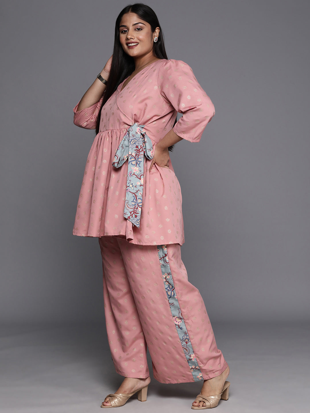 Pink Plus Size Floral Printed Wrap Tunic with Palazzos