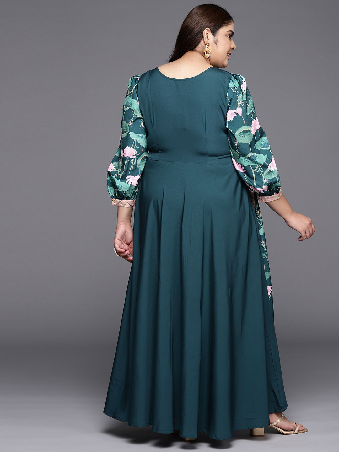 Green Floral Printed Plus Size Maxi Ethnic Dress