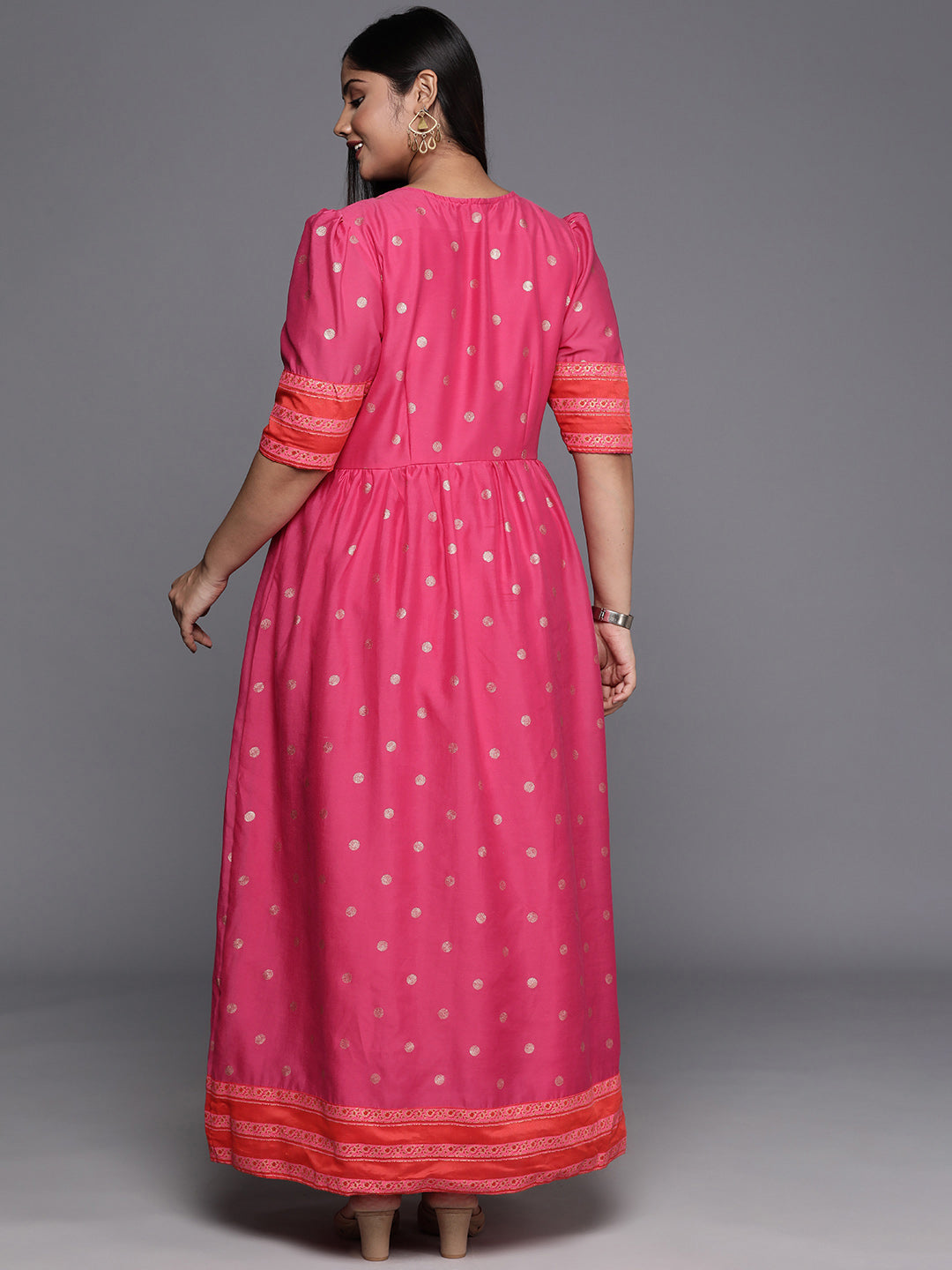 Pink & Gold Polka Dot Printed Plus Size Maxi Ethnic Dress