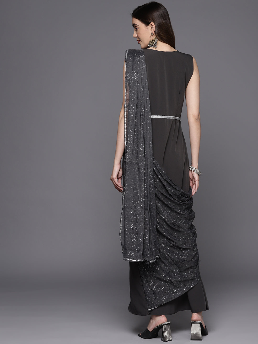 Grey Abstract Print Layered Ethnic Dress