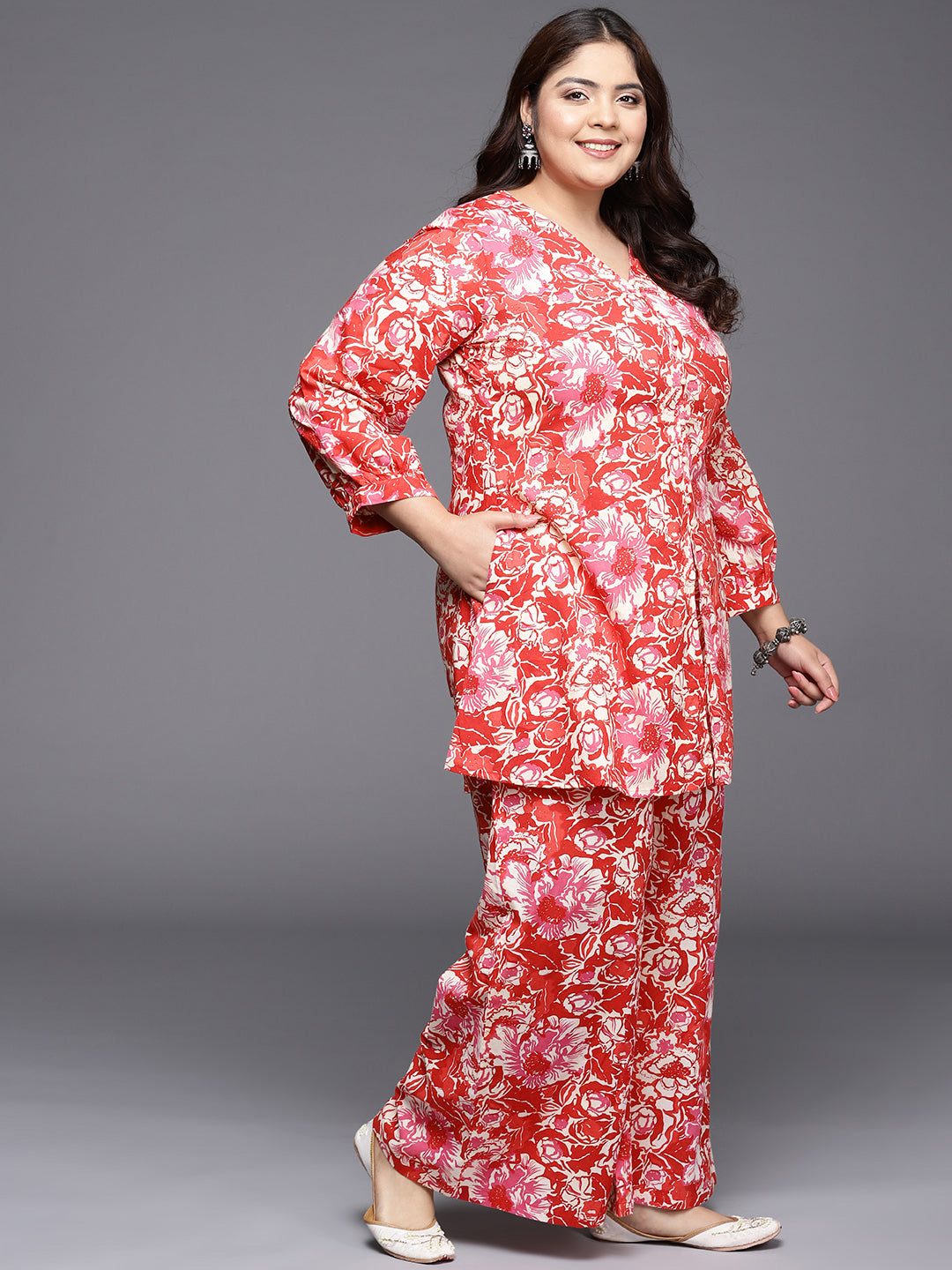 A PLUS BY AHALYAA Women Plus Size Printed Cotton Tunic with Palazzos