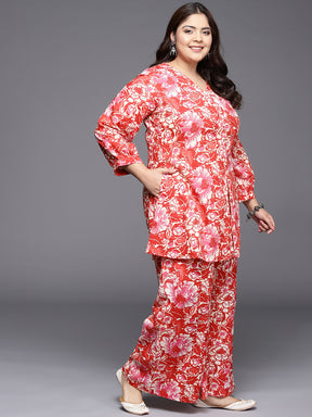 Red & White Printed Plus Size Pure Cotton Tunic with Palazzos